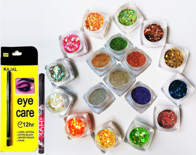 vizo Eye Makeup Eyeshadow Chunky Glitter powder with eyeliner + Kajal(4 Items in the set)