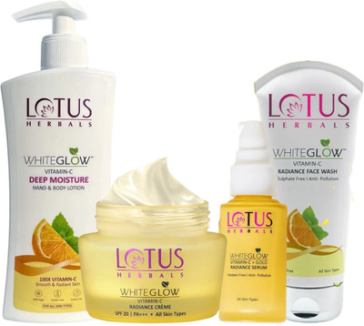 LOTUS HERBALS WhiteGlow Vitamin C Deep Moisture Hand & Body Lotion & Vitamin-C Radiance Creme with FACEWASH 100G AND SERUM 30ML(4 Items in the set)