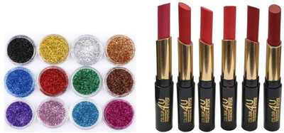RTB 12 Glitter Eyeshadow powder & 6 Matte Lipstick Multicolor(18 Items in the set)