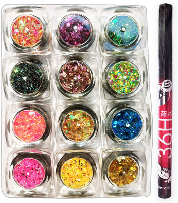 vizo Trendy Multicolour Chunky Glitter for makeup Nail art and other uses + Eyeliner(13 Items in the set)