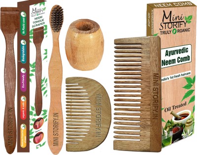 Mini Storify Truly Organic Handmade wooden comb 1 Shampu wide tooth Comb|1 Beard Comb for men|1 Neem adult toothbrush |1 Neem Tongue cleaner|1 Brush stand(5 Items in the set)