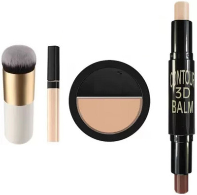 Lenon Combo OF 2in1 professional 3d contour stick, pressed powder compact, liquid concealer & foundation/blush brush(white)(4 Items in the set)