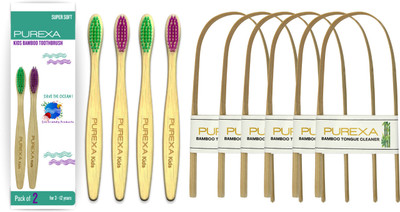 PUREXA Kids Bamboo Toothbrush For 3 to12 Years For Easy Grip & Extra Soft With Bamboo Tongue Cleaner Extra Soft Toothbrush(10 Items in the set)