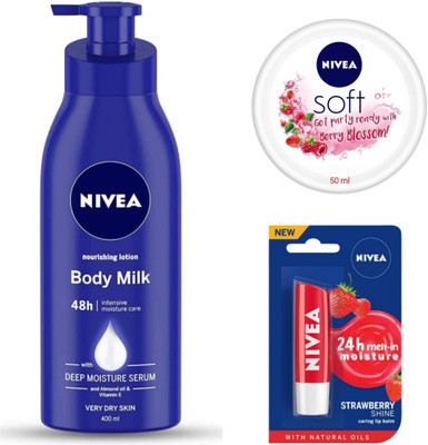 NIVEA Body Milk Nourishing Lotion 400ML , Soft Berry Blossom 50ML & Strawberry Lip Balm(3 Items in the set)