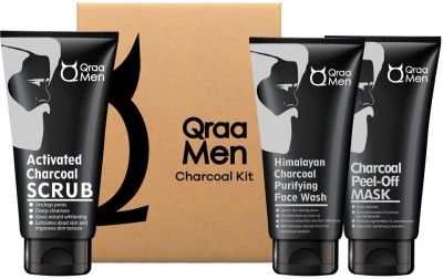 Qraa Charcoal Kit: Charcoal Scrub, Charcoal Face wash, Charcoal Peel-off Mask For Men-With Tea tree oil(3 Items in the set)