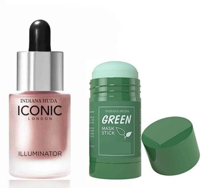 INDIANA HUDA BLOSSOM (Peachy Rose Gold)Iconic illuminator highlighter & Green Mask Stick,Purifying Clay, Detoxing & Toning Face Mask(2 Items in the set)