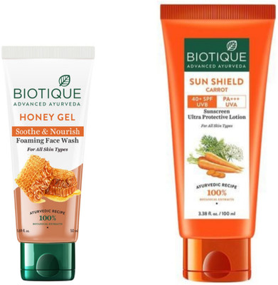 BIOTIQUE Honey Gel Face Wash 50 ML & Carrot Sunscreen 100 ML(2 Items in the set)