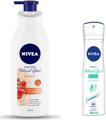 NIVEA Natural Glow Cell Repair Body Lotion -400ml & Natural Glow Sensitive Deodorant -150ml(2 Items in the set)