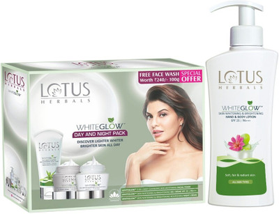 LOTUS HERBALS WHITEGLOW Day and Night Pack WITH Whiteglow Skin Whitening & Brightening Hand & Body Lotion with SPF25 and PA+++ 400ml(4 Items in the set) LOTUS HERBALS WHITEGLOW Day and Night Pack WITH Whiteglow Skin Whitening & Brightening Hand & Body Lotion with SPF25 and PA+++ 400ml(4 Items in the set)