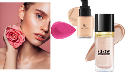 Sheny BEST MAKEUP COMBO, MAKEUP SPONGE AND LIQUID HIGHLIGHTER, FOUNDATION COMBO PACK (3 Items in the set)(3 Items in the set)
