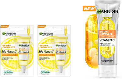 Garnier Men 2pcs Bright Complete Vitamin C 30x Booster Serum-7ml+Cleanser Serum Face Wash-50g(2 Items in the set)