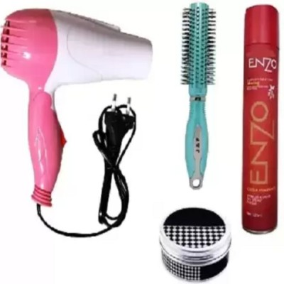 wryak Round Roller Hair Comb With Hair Wax & 1290 Hair Dryer with Enzo Hair Spray (4 Items in the set)(4 Items in the set)