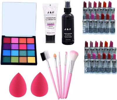 Zailie 16clr Eyeshadow -primer-fixer-5 pc mb -2 Blender Puff - 24 Multicolor lipstick(34 Items in the set)
