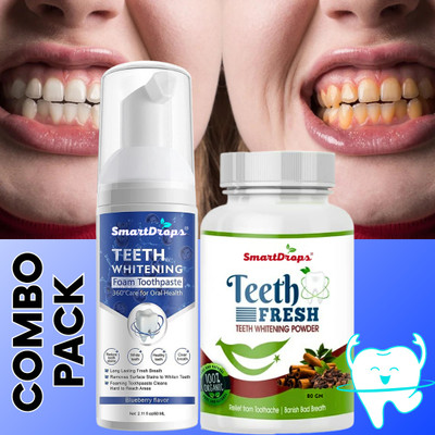 smartdrops Perfect White Smile Combo 80gm Teeth Whitening Powder + 60ml Foam Toothpaste for Radiant Teeth(2 Items in the set)
