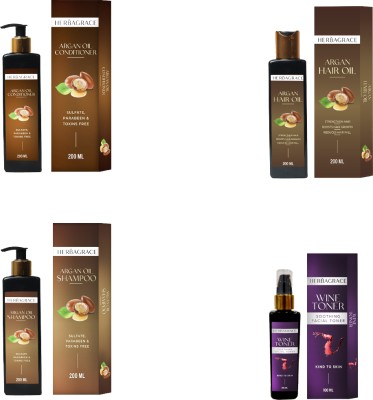 HERBAGRACE Argan Hair Oil, Argan Shampoo, Argan Conditioner 200ml Each and a Wine Toner 100ml Combo Pack(4 Items in the set)