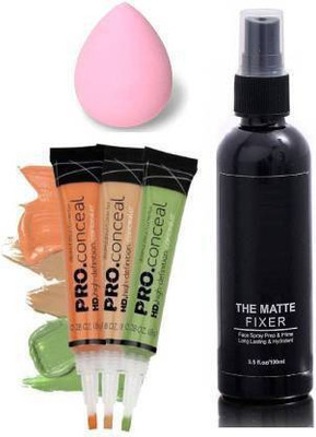 DAIMANPU Pro HD makeup corrector orange yellow green color with makeup puff & fixer face makeup deal combo set(5 Items in the set)