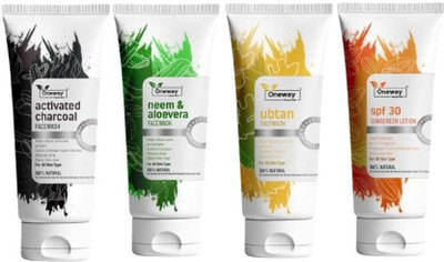 Oneway Happiness Combo New Activated Charcoal, Neem & Aloe-Vera, Ubtan Face Wash with Turmeric & SPF 30 Sunscreen Lotion(4 Items in the set)