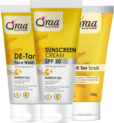 Qraa De Tan Combo Pack | Scrub 100gm, Face Wash 100gm & Sunscreen Cream SPF 30 100gm |Helps In Tan Removal & Dirt|  (3 Items In The Set) For Rs. 225 @ 53 %