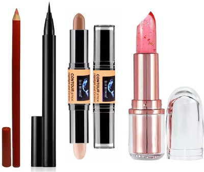 BLUEMERMAID PERFECT COLOR CHANGING LIPSTICK + BLACK EYELINER + RED PENCIL KAJAL & CONTOUR STICK COMBO(4 Items in the set)