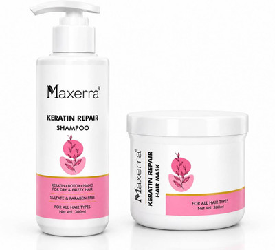 Maxerra Keratin Repair Hair Care Combo for Dry & Frizzy Hair | Shampoo & Hair Mask 300ml | Frizz Control & Damage Repair Kit(2 Items in the set)