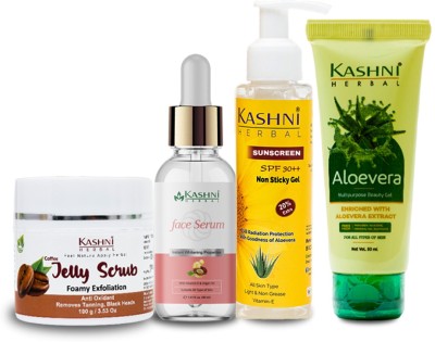 KASHNI Herbal Ultimate Skincare Kit: Vit E Serum, Sunscreen, Aloe Gel & Coffee Scrub(4 Items in the set)