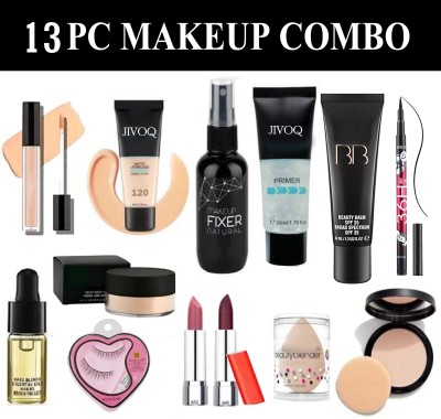 JIVOQ 13Pc Makeup Combo Kit| Primer Fixer Foundation Conceler Puff Eyeliner Eyelash Face Serum Lipstik Loose Powder BB cream Compact(13 Items in the set)