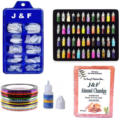 Alkaf Reuseable Fake Nails With Glue & Nail Art Tape ,48 Pc Glitter Set & Chandan Soap(5 Items in the set)