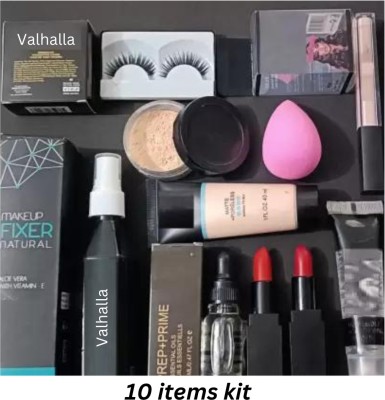 Valhalla 10 items kit serum, fixer, concealer, foundation, inflammable, loose powder, puff, eyelash, combo lipstick(10 Items in the set)