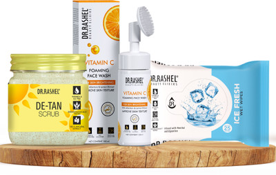 DR.RASHEL De Tan Scrub, Vitamin C Foaming Face Wash & Ice Fresh Wipes Combo For Glowing Skin & Tan Removal(3 Items in the set)