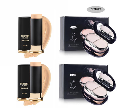Luipui Premium Perfect Oil Free Stick Concealer & 5 in 1 Shining Luster Compact Powder / Waterproof, Lightweight(4 Items in the set)