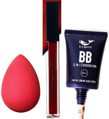 BLUEMERMAID MAKEUP BLENDER WITH RED LIPSTICK & LIQUID FOUNDATION(3 Items in the set)