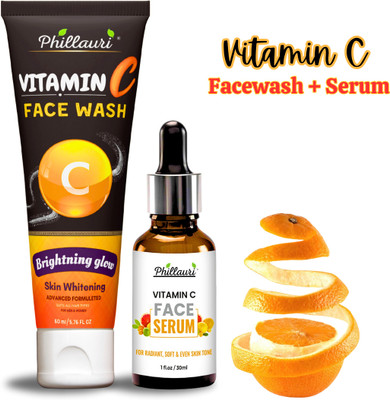 Phillauri Natural Glowing Beauty With Vitamin C Serum and Facewash for Brightening Face for All Typ of Skin Care Combo(30ml +60ml)(2 Items in the set)