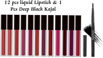 MakeuPia 12 pcs set Liquid matte lipstick With 1 Pcs Deep Black Kajal(13 Items in the set)