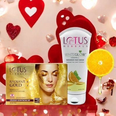 LOTUS HERBALS Radiant Gold Cellular Glow Salon Grade 4 Facial Kit 37G with WhiteGlow Vit-C Radiance Facewash 100G(2 Items in the set)