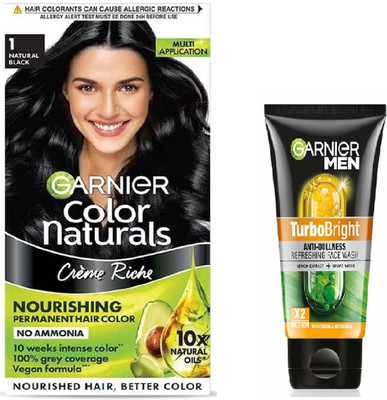 Garnier Men Color Naturals Crème hair color 1 Natural Black 70ml + 60g+Turbobright Anti Dullness Refreshing Face wash-50g(2 Items in the set)