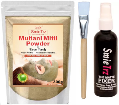 SMIETRZ Multani Mitti Powder 300g & Brush & Beauty Makeup Fixer Primer 100ml(3 Items in the set)