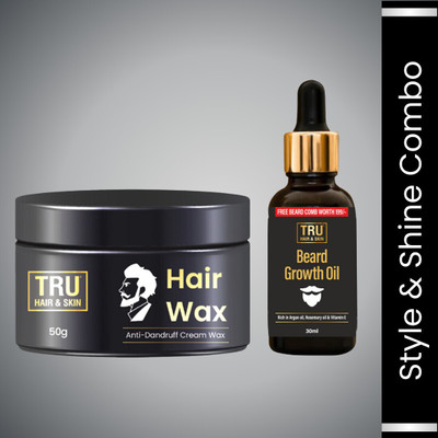 TRU HAIR & SKIN Men’s Hair Wax 50g & Beard Oil 30ml | Styling + Beard Grooming Combo | Perfect Shine & Hold(2 Items in the set)