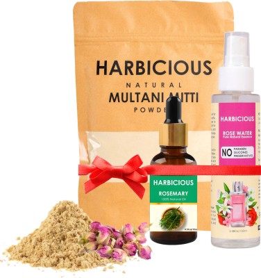 harbicious Skin Care Kit, Multani Mitti Powder, Rosemary Oil and Rose Water Combo Pack(3 Items in the set)