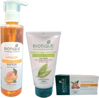 BIOTIQUE Bio Apricot Refreshing Body Wash 200 ML+Morning Nectar Moisturizer 150 ML & almod oil soap bar 150 G(3 Items in the set)