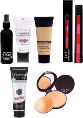 mkldsrh non transfer 5 in 1 lipstick with foundation fixer primer compact & charcoal peel off mask(6 Items in the set)