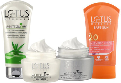 LOTUS HERBALS WhiteGlow Day and Night Pack with Safe Sunscreen Cream PA+ SPF 20 100G(4 Items in the set)