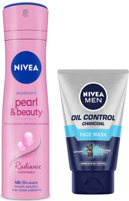 NIVEA PEARL BEAUTY RADIANCE DEODORANT SPARY & OIL CONTROL CHARCOAL FACE WASH 100 ML(2 Items in the set)