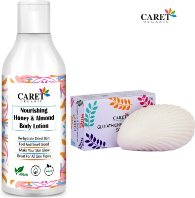 Caret Organic Nourishing Honey & Almond Body Lotion (250ml) AND Glutathione & Vitamin C Soap (75g) - Pack of 2(2 Items in the set)