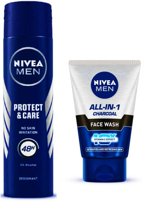 NIVEA PROTECT CARE MEN DEODORANT SPARY & ALL IN ONE CHARCOAL FACE WASH 100 ML(2 Items in the set)