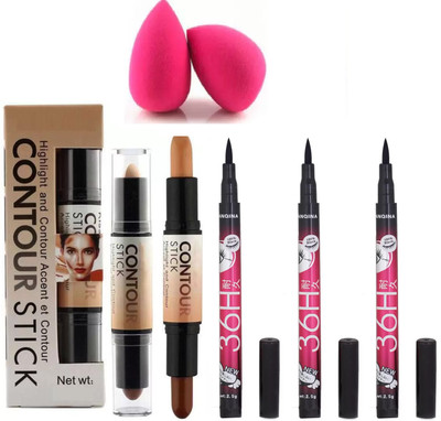 SHEFFO Beauty 3D Balm Contour Stick Highlighter With 2pc Makeup Puff + 3pc 36h Eyliner(6 Items in the set)