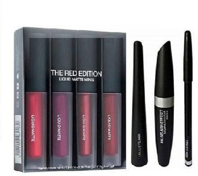 Rsentera Eyebrow Black Pencil & Mascara & Liquid Eyeliner with Red Edition mini Lipsticks set of 4(7 Items in the set)