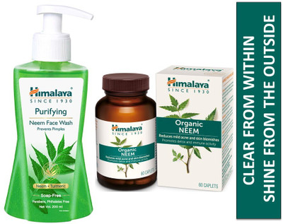 HIMALAYA Purifying Neem Face Wash 200ml + Neem Caplets 60 Nos | Prevents Pimple From Outside & Inside(2 Items in the set)
