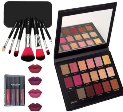 Plethora Gold Eyeshadow Palette 18 g & Red edition mini lipstick & Black Makeup Brushes Pack of 7(3 Items in the set)