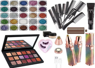 SUBHMUN BEST FACE MAKE COMBO EYESHADOW PALETTE , 10 PCS HAIR COMB , BB CREAM FOUNDATION , GLITTER PALETTE , EYELASHES WITH GLUE(17 Items in the set)