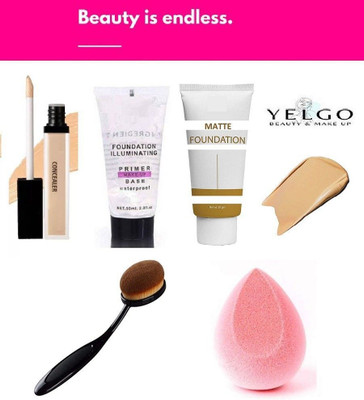 YELGO Concealer & Makeup Primer & Foundation & Foundation Brush & Beauty Blender Puff(5 Items in the set)